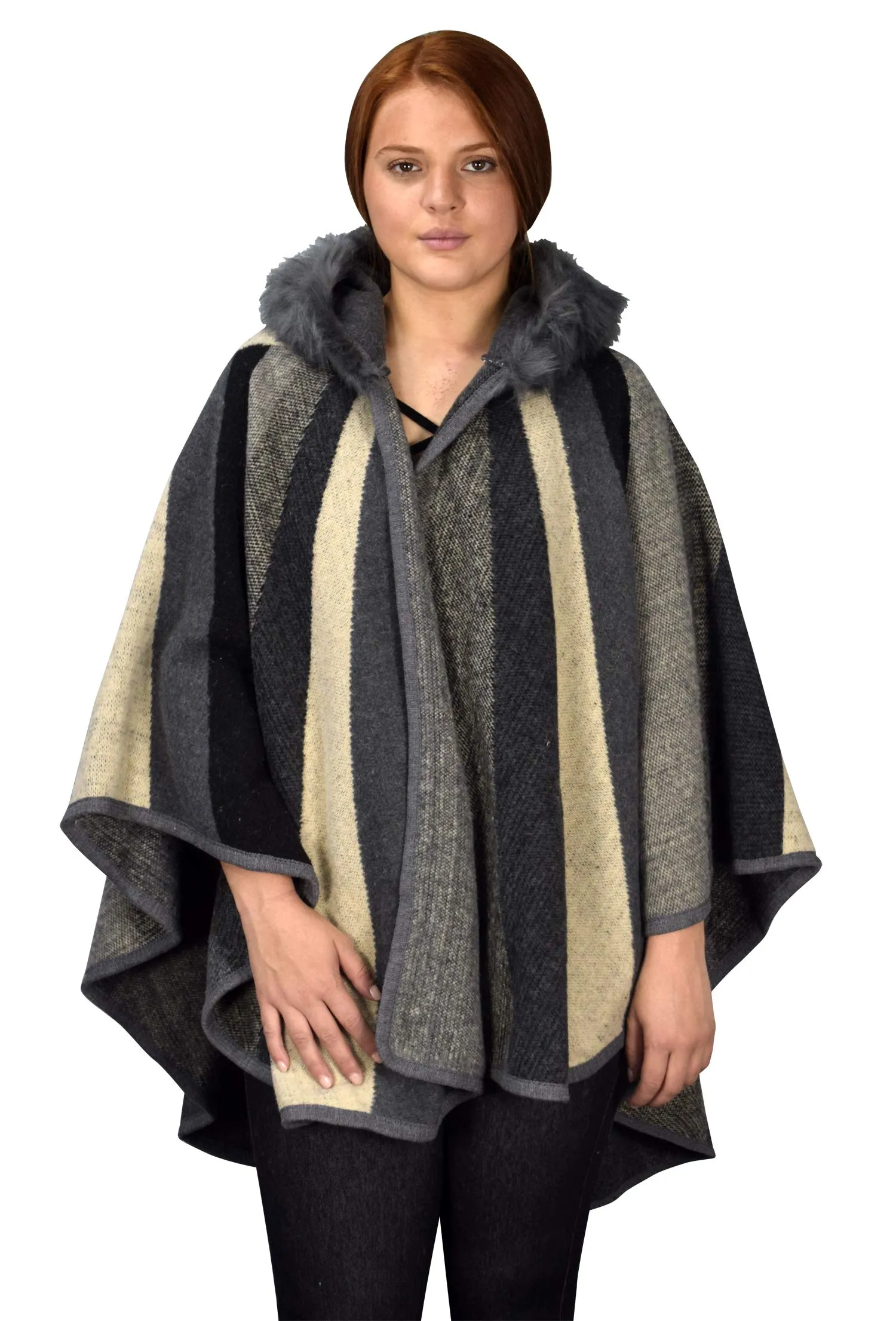 Womens Faux Fur Relaxed Fit Poncho Cape Pullover Sweater