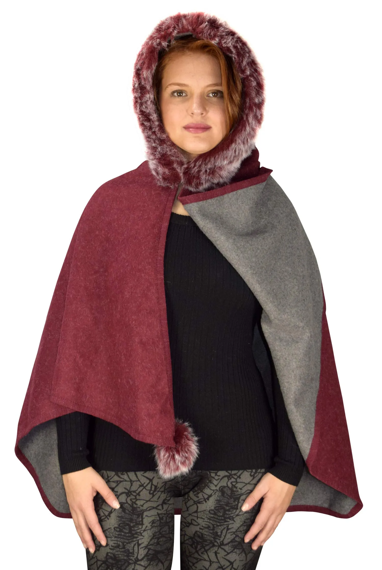 Womens Faux Fur Relaxed Fit Poncho Cape Pullover Sweater