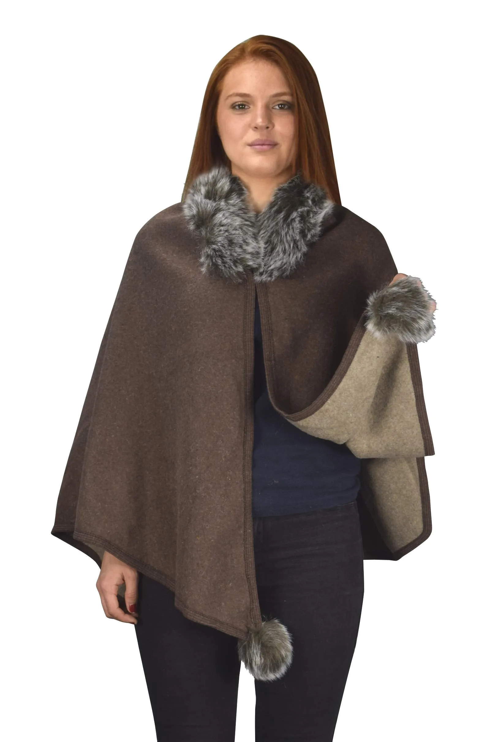 Womens Faux Fur Relaxed Fit Poncho Cape Pullover Sweater