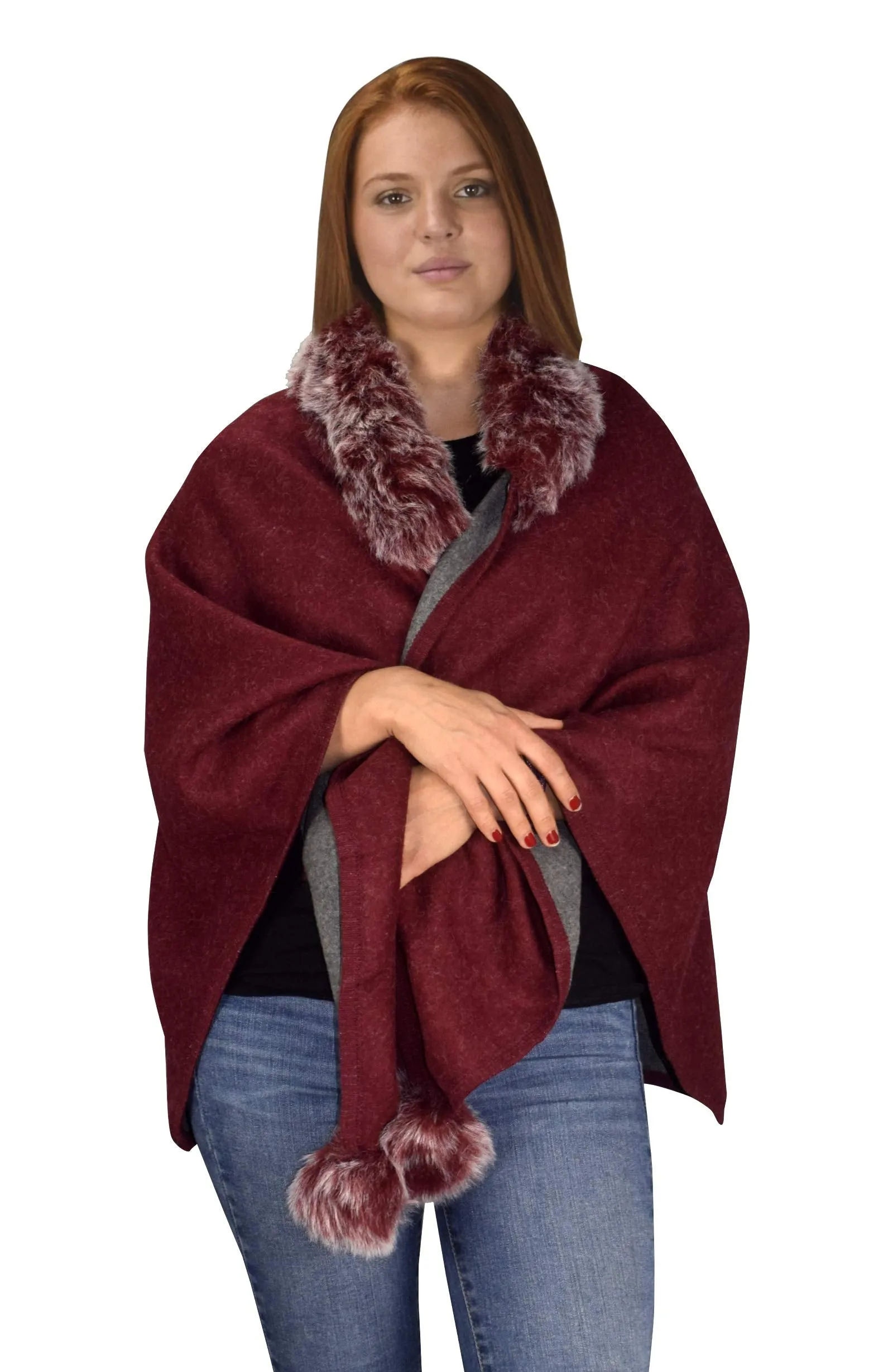 Womens Faux Fur Relaxed Fit Poncho Cape Pullover Sweater