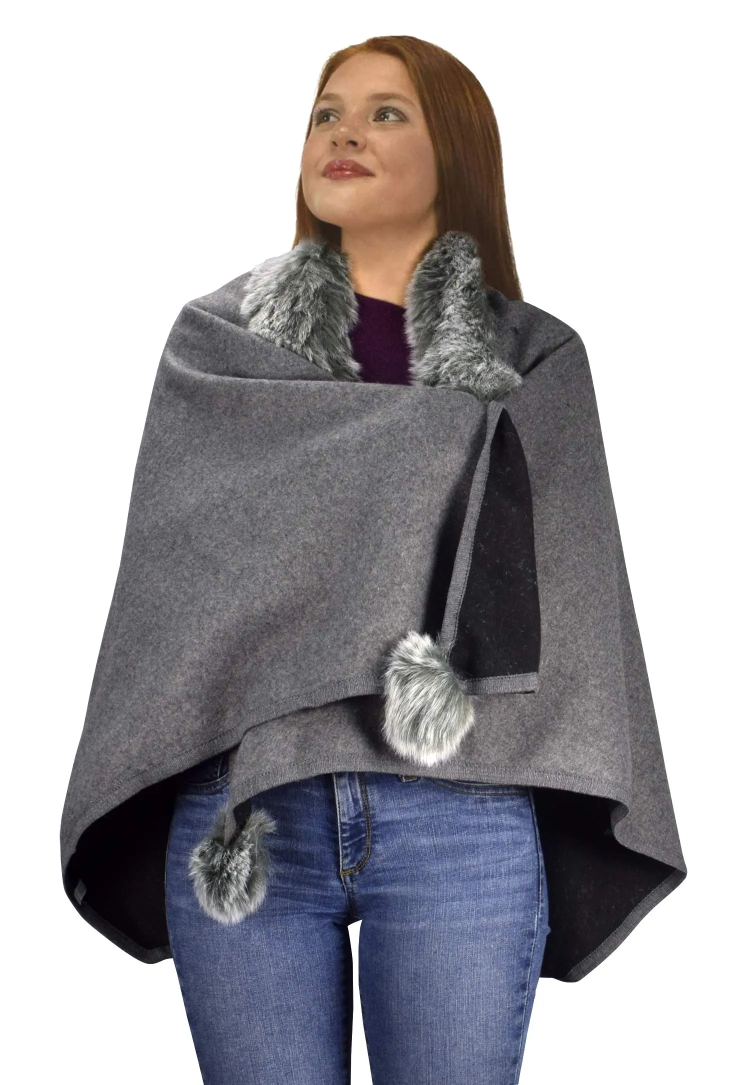 Womens Faux Fur Relaxed Fit Poncho Cape Pullover Sweater