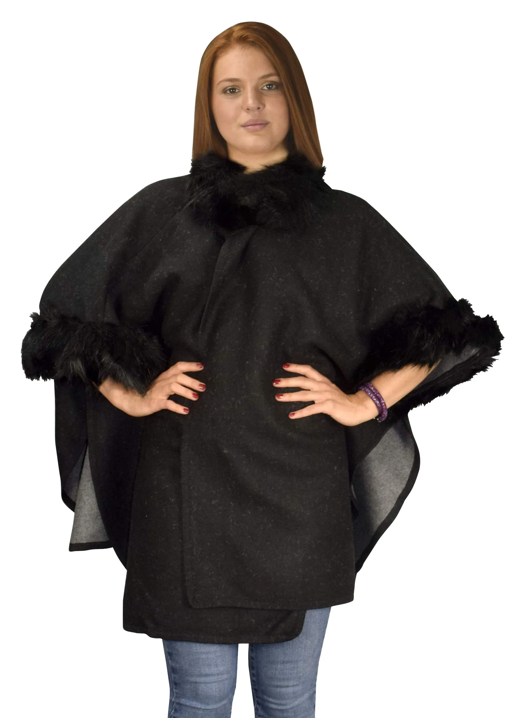 Womens Faux Fur Relaxed Fit Poncho Cape Pullover Sweater