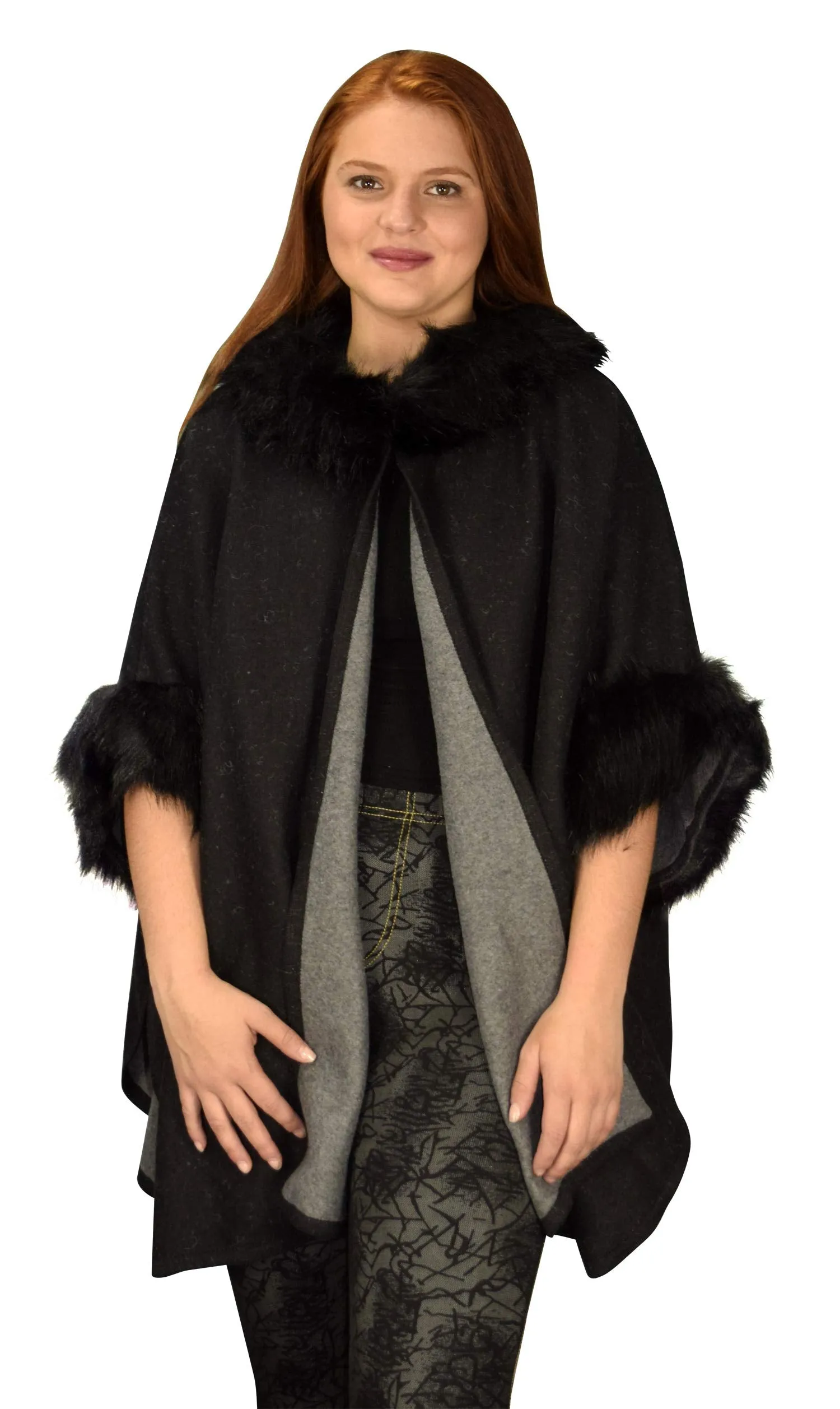 Womens Faux Fur Relaxed Fit Poncho Cape Pullover Sweater