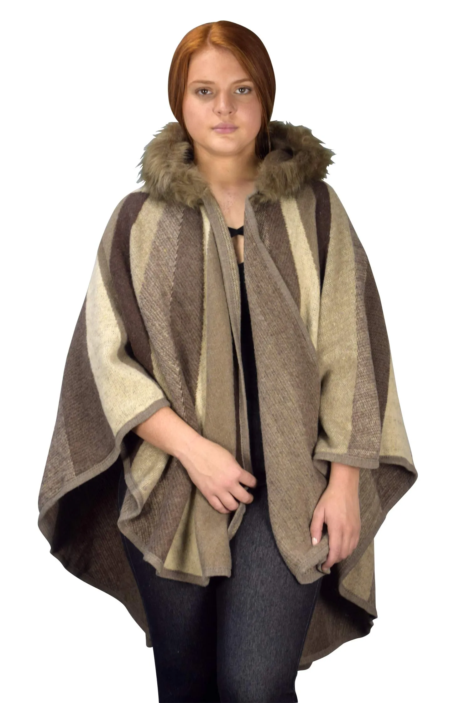Womens Faux Fur Relaxed Fit Poncho Cape Pullover Sweater