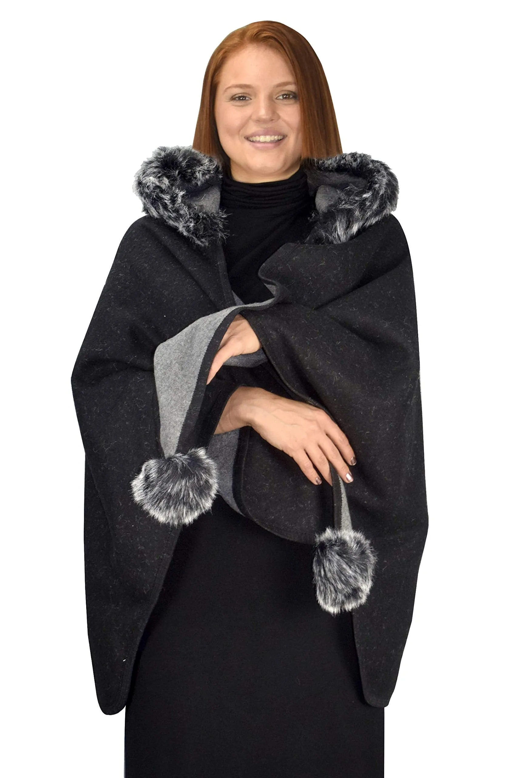 Womens Faux Fur Relaxed Fit Poncho Cape Pullover Sweater