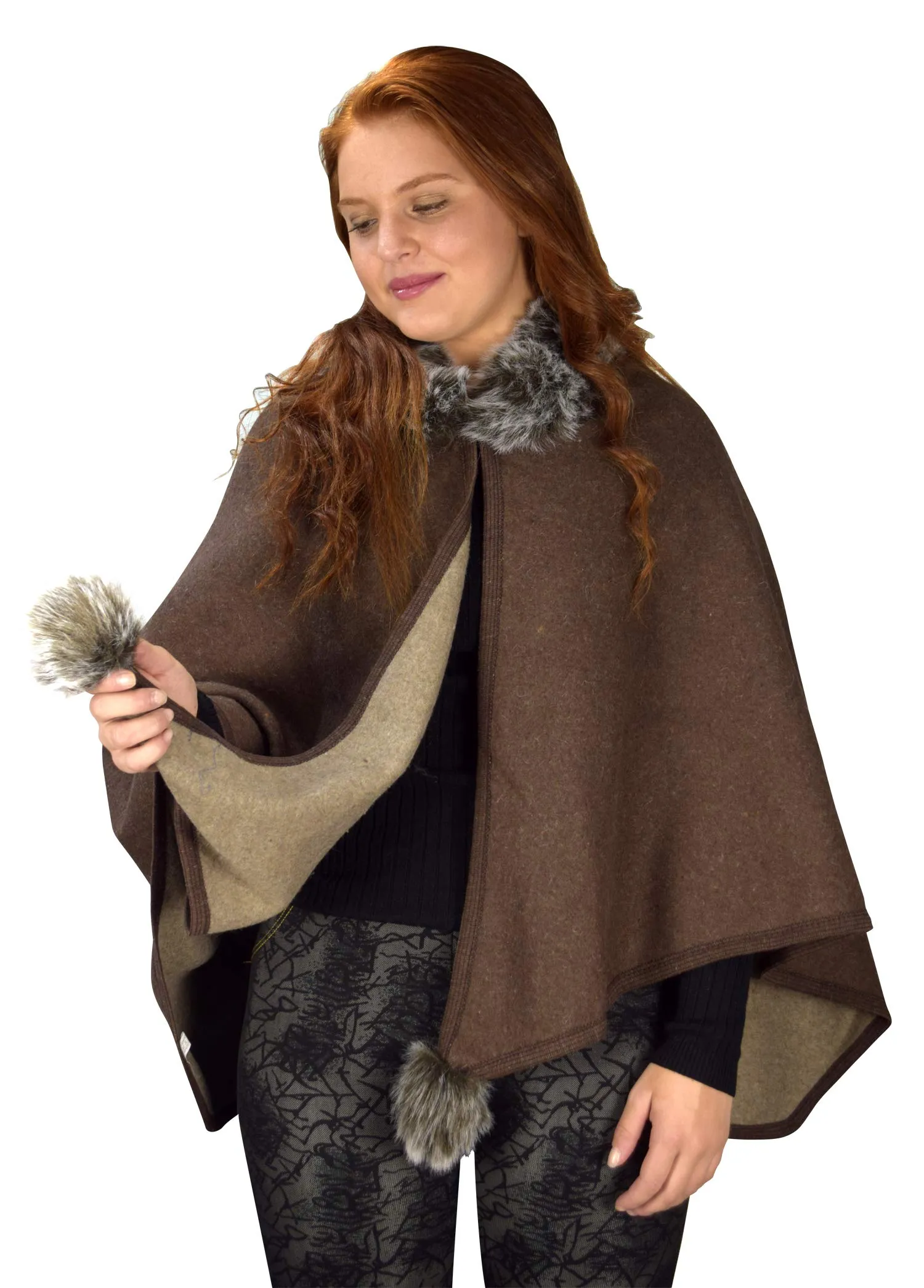 Womens Faux Fur Relaxed Fit Poncho Cape Pullover Sweater