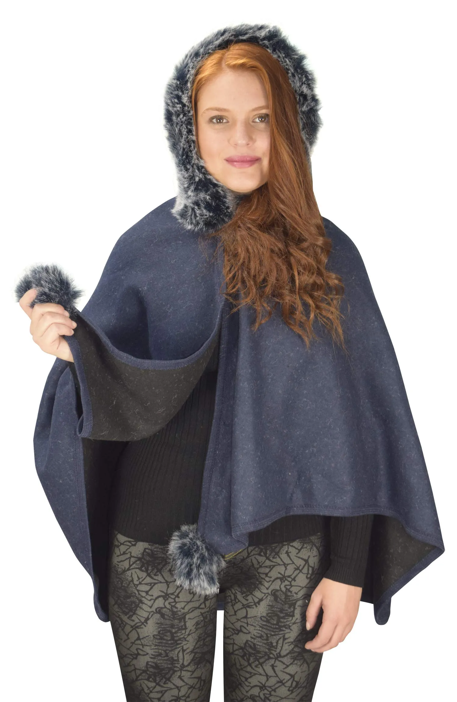 Womens Faux Fur Relaxed Fit Poncho Cape Pullover Sweater
