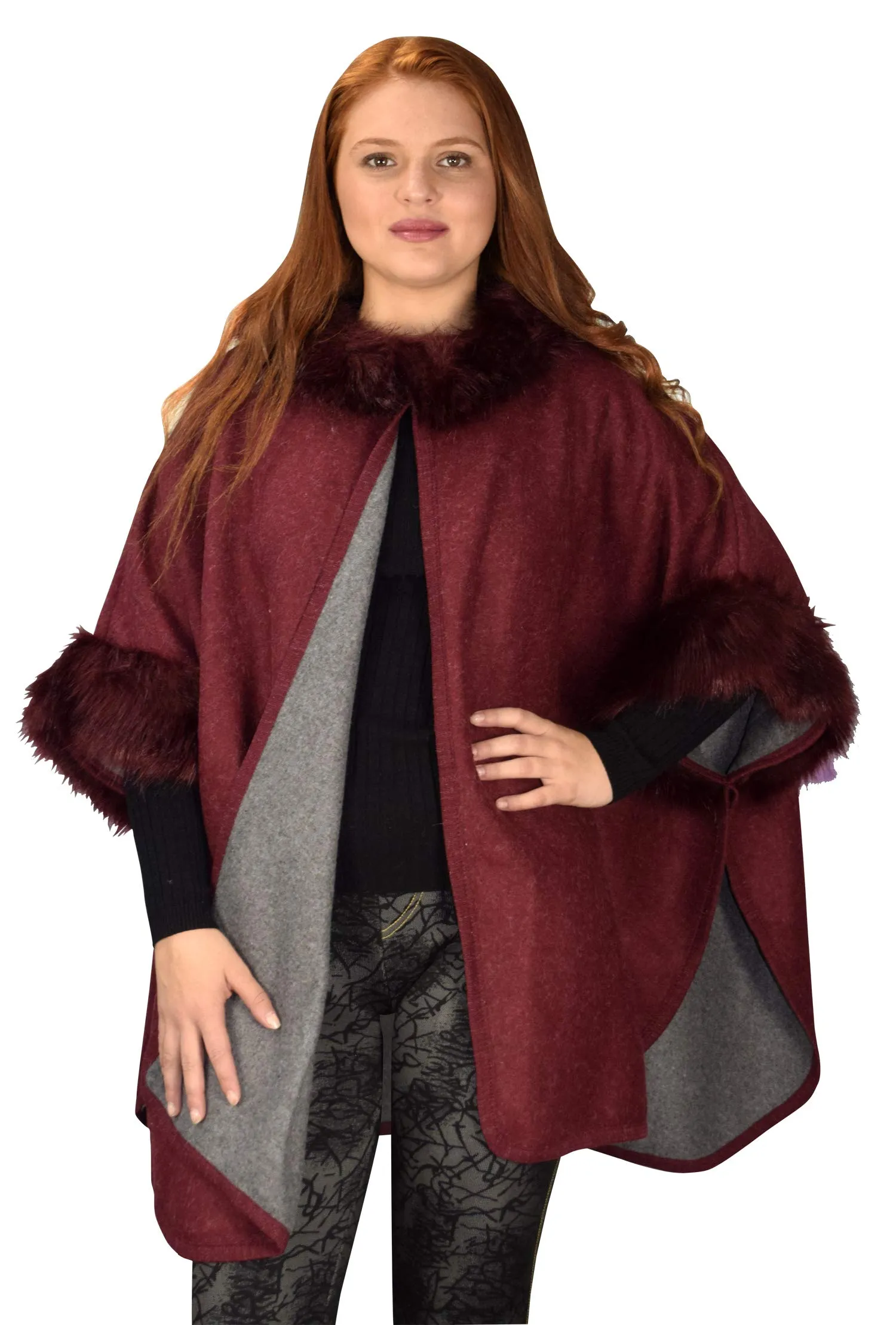 Womens Faux Fur Relaxed Fit Poncho Cape Pullover Sweater
