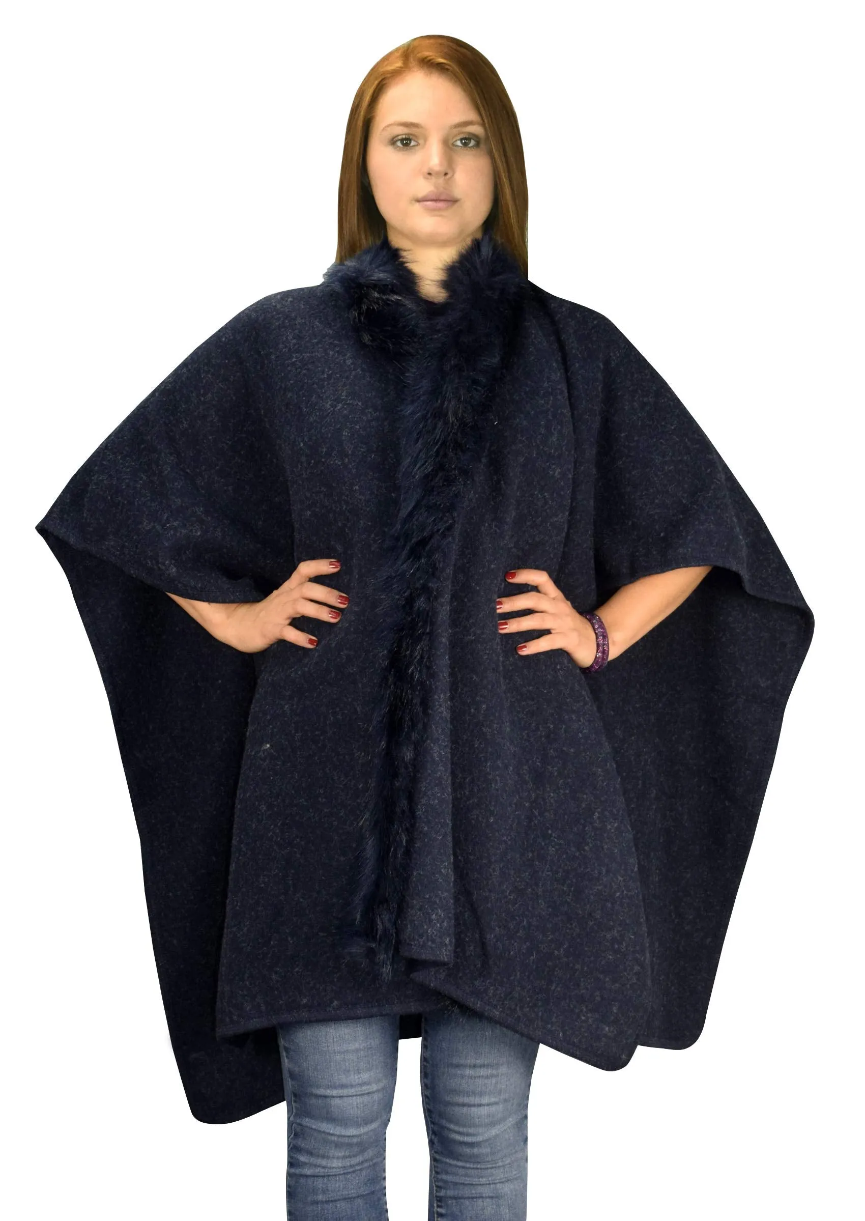 Womens Faux Fur Relaxed Fit Poncho Cape Pullover Sweater