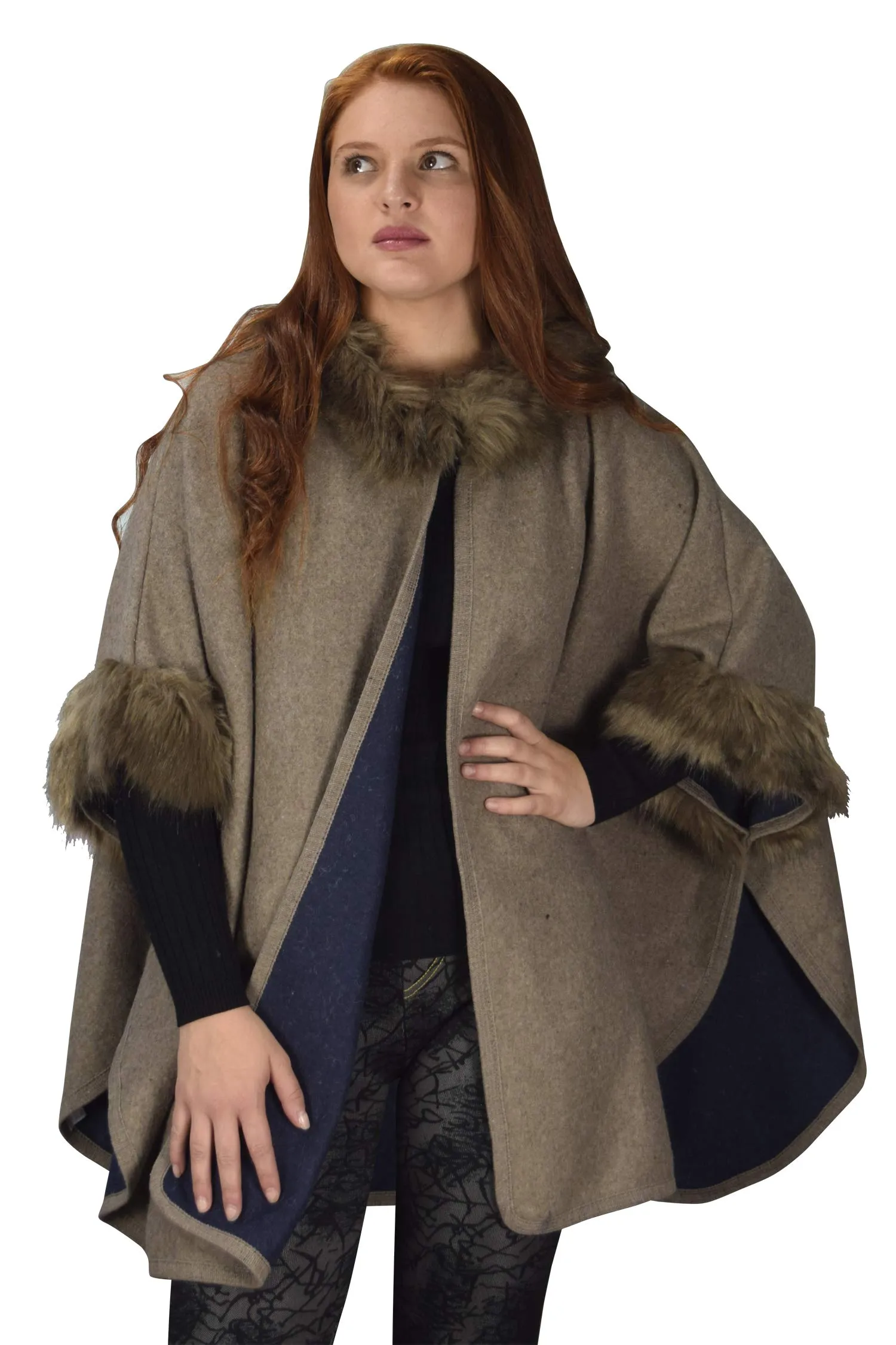 Womens Faux Fur Relaxed Fit Poncho Cape Pullover Sweater